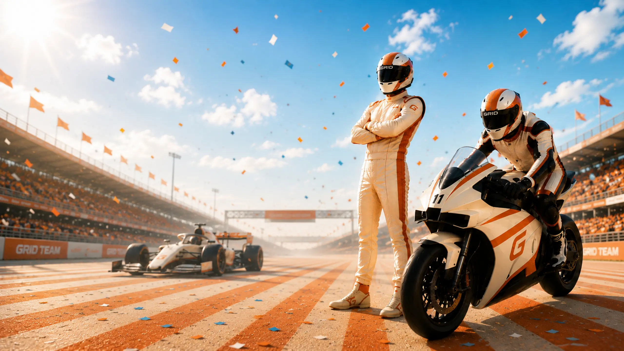 A Grid Team driver and a Grid Team rider on the track, grandstands and confetti
