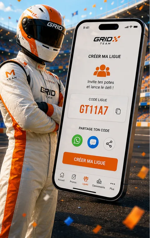 Grid Team league creation screen with an invite code to share