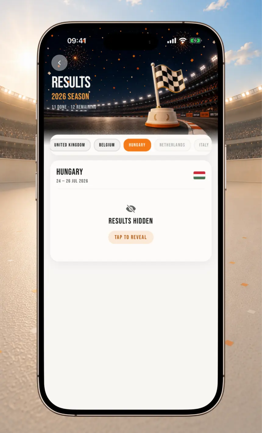 Results screen: results hidden behind a tap to reveal